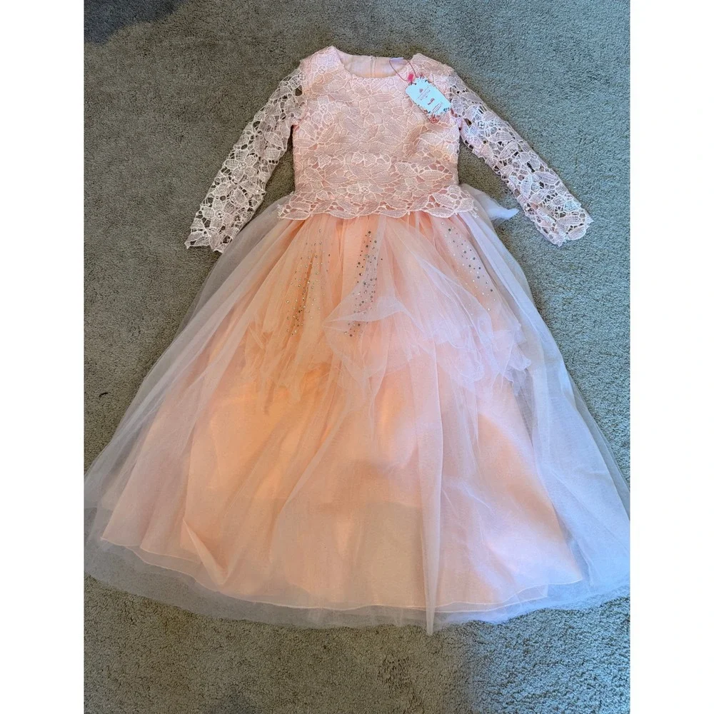 Ibtom Castle Girls Peach Pink Lace Tulle Sequin Flower‎ Girl Pageant Dress 130